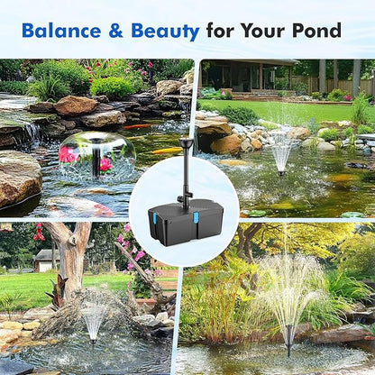 Pond Filters for Outdoor Ponds, 820 GPH Pond Filter with Fountain Pump Kits, 60W Pond Pump and Filter Kit for Koi Pond Clean, Garden Fountains, Waterfall