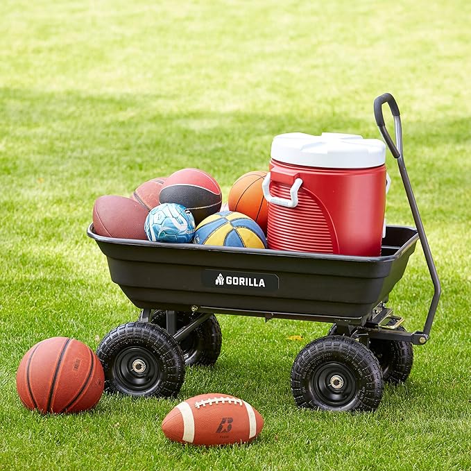 Gorilla Carts Poly Garden Dump Cart, 4 Cu Ft Tub, 600 lb Haul Capacity, Black – Heavy-Duty Utility Wagon with Quick-Release Dumping & Pneumatic Tires for Yard, Landscaping and Gardening