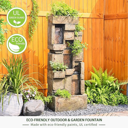 Garden Water Fountains Outdoor Floor Standing, 3 Tier Rock Waterfall Fountain with LED Lights and Pump for Garden, Patio, Backyard, Deck, Porch and Home Art Deco, 56.3" Very Tall
