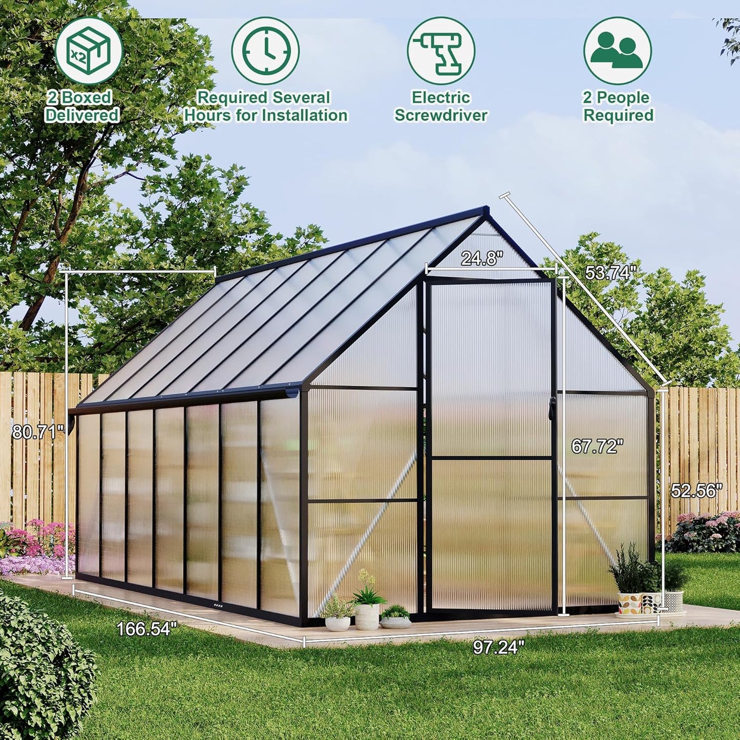8'x14' , Large Enhanced Aluminum Greenhouses Kit for Outdoors, Aluminum-Framed Polycarbonate Greenhouse, Heavy Duty Polycarbonate Greenhouse with Quick Setup Structure and Roof Vent