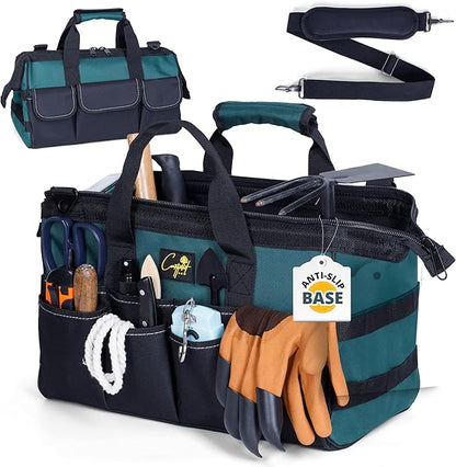 Garden Tool Bag Organizer – 13 Pocket Heavy-Duty Gardening Tote with 7 Outer & 6 Inner Compartments, Anti-Slip Base, Adjustable Shoulder Strap & Belt – Garden Organizers and Storage (Green)