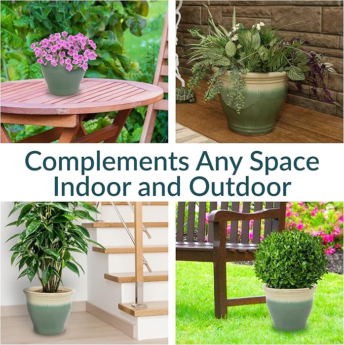 Sunnydaze Large Ceramic Plant Pot - Round Outdoor Glazed Ceramic Planter Pot with Drainage - Studio - Seafoam - 14.5"