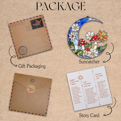 Mushroom Crescent Moon Boho Acrylic Suncatcher Stained Glass Effect Window Car Hanging Christmas Ornament Indoor Outdoor Decor Garden Sun Catcher Gifts for Bohemian Lover Gift for Women Mom Grandma