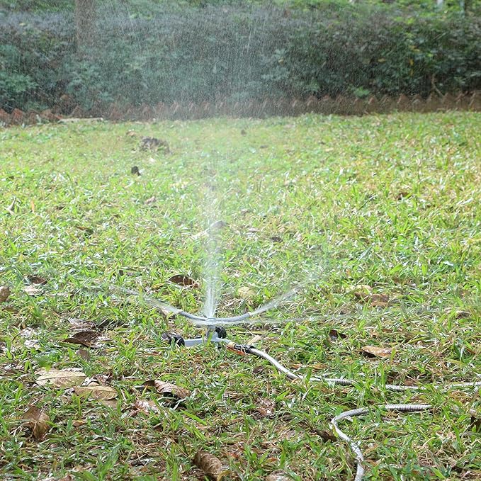 STYDDI Metal Rotating Water Sprinkler for Lawn, Heavy Duty Metal 3-Arms Whirling 360 Degree Automatic Rotary Sprinkler with Wheeled Base for Small Areas, Garden, Yard, Cover up to 1,384 Sq. ft.