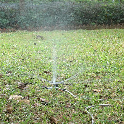 STYDDI Metal Rotating Water Sprinkler for Lawn, Heavy Duty Metal 3-Arms Whirling 360 Degree Automatic Rotary Sprinkler with Wheeled Base for Small Areas, Garden, Yard, Cover up to 1,384 Sq. ft.