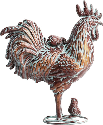 Metal Rooster w/ Chicks Statue Garden Yard Decor,15.7"L x 18.8"H Metal Chickens Yard Art, Vintage Outdoor Chicken Rooster Figurine for Backyard Patio Lawn Home Decoration, Gift for Chicken Lovers