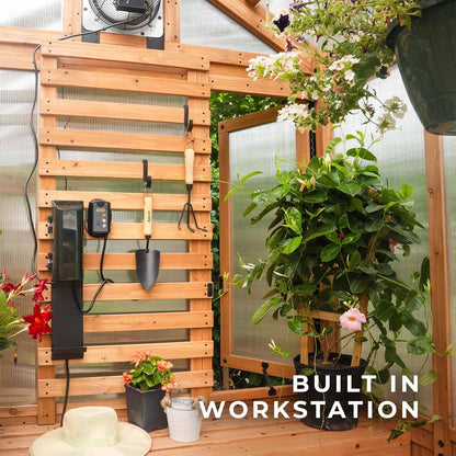 Backyard Discovery Bellerose 9' x 6' Cedar Wood and Polycarbonate Walk-in Greenhouse Kit with Pergola, Exhaust Fan, Windows, Hose Hook-Ups, PowerPort, Staging Shelves for Year-Round Outdoor Gardening
