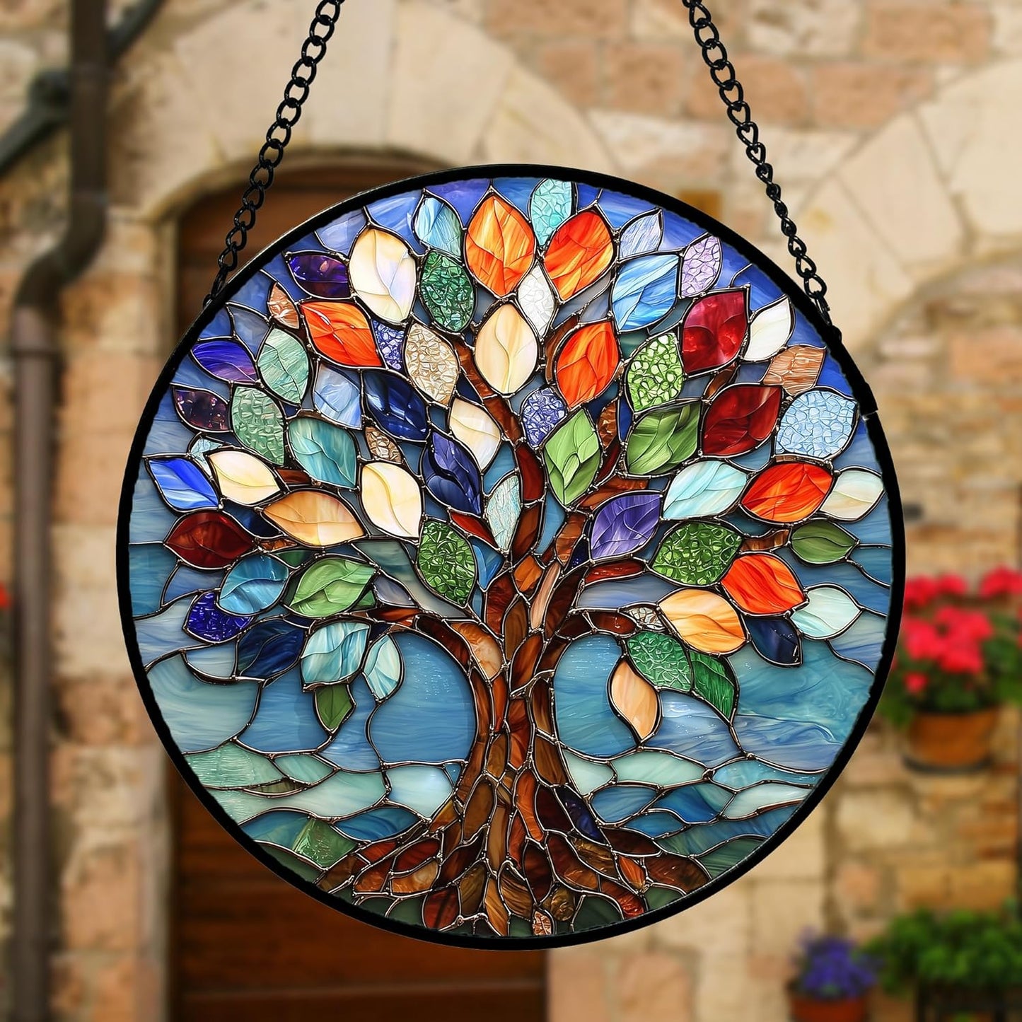 Stained Glass Window Hanging, Colorful Tree of Life Sun Catchers Glass Panel Blue Suncatcher Decor for Birthday for Women, Men, Wife, Aunt, and Mom 9.8 in