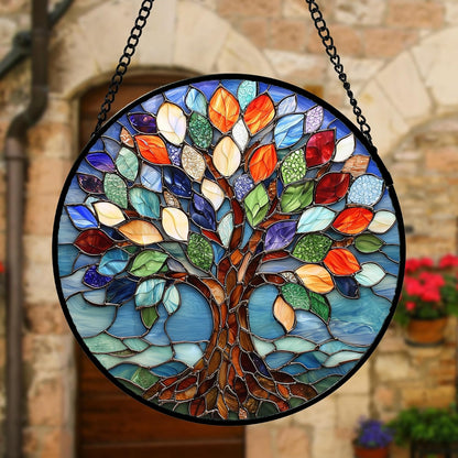 Stained Glass Window Hanging, Colorful Tree of Life Sun Catchers Glass Panel Blue Suncatcher Decor for Birthday for Women, Men, Wife, Aunt, and Mom 11.8x11.8 in