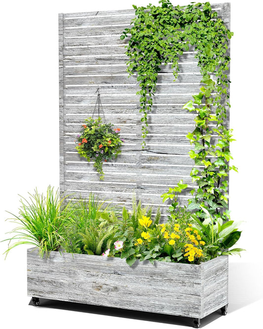 Metal Raised Garden Bed with Trellis, 2-in-1 Planter Box & Privacy Screen for Climbing Plants, Outdoor Standing Flower Bed with Drainage Holes, 47.2" L x 16.7" W x 70.8" H, White Oak Grain