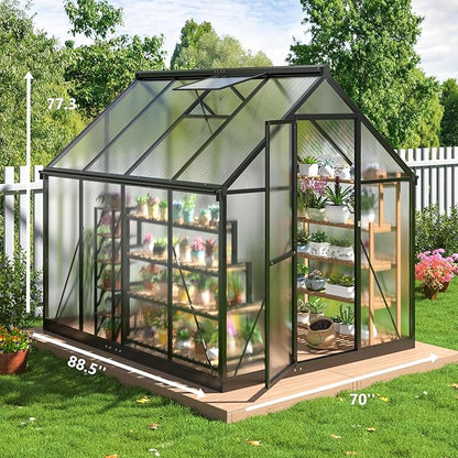 Greenhouse 6×7.5 FT, Quick Setup Polycarbonate Greenhouse for Outdoors with Roof Vent, Walk in Green Houses for Outside for Outdoor Garden Backyard, Black
