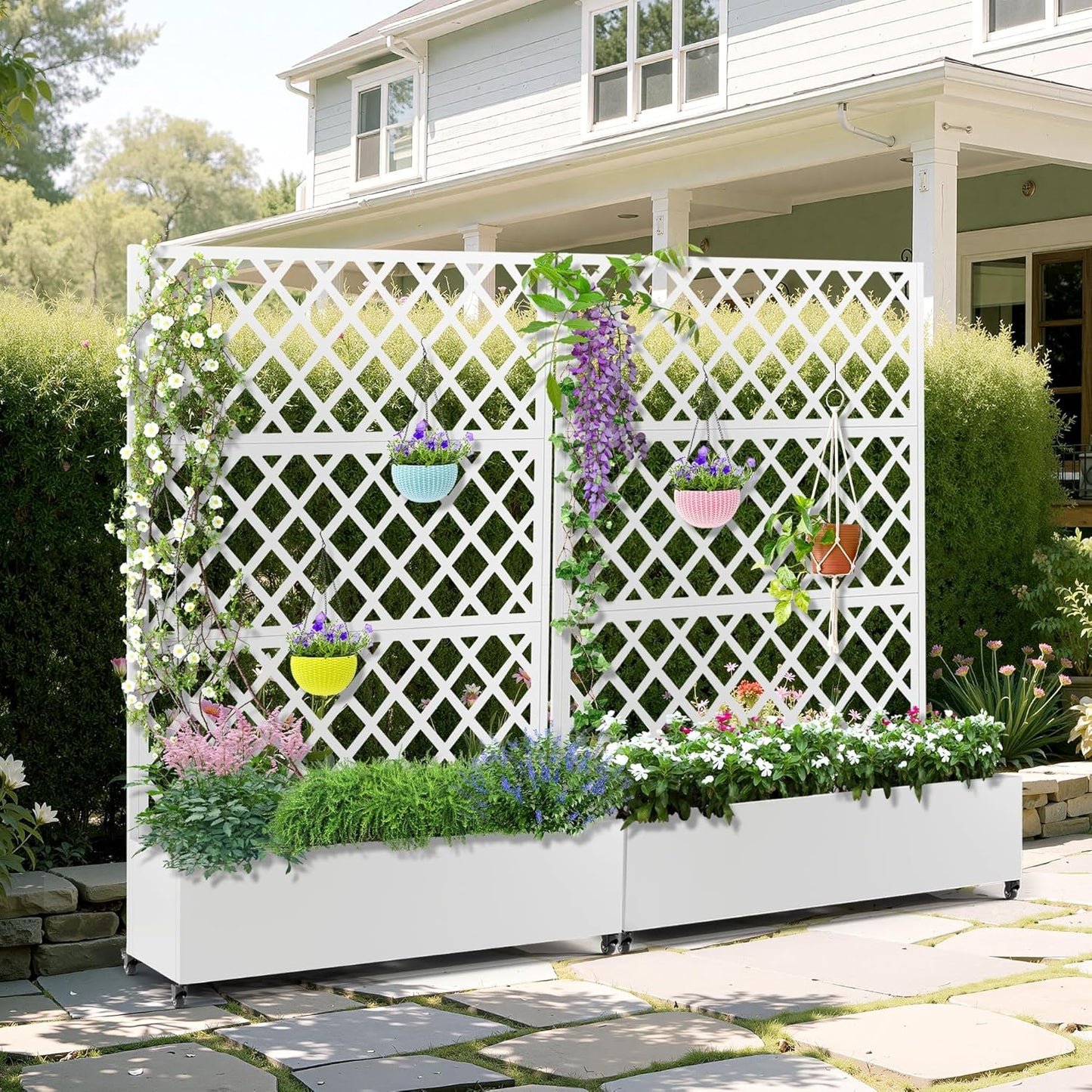Metal Planter Box with Trellis & Wheels, Raised Garden Bed with Privacy Screen, Outdoor Standing Flower Beds with Drainage Hole for Climbing Plants, Vine, 47.2''L×15.7''W×70.9''H, White