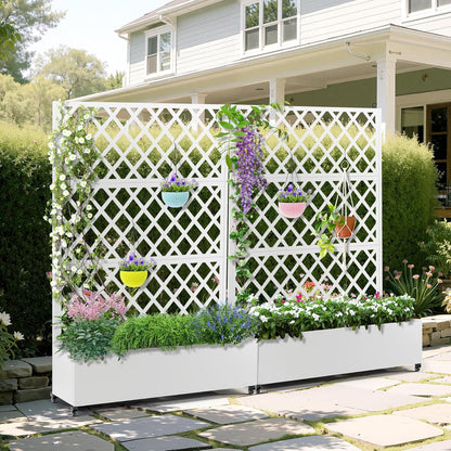 Metal Planter Box with Trellis & Wheels, Raised Garden Bed with Privacy Screen, Outdoor Standing Flower Beds with Drainage Hole for Climbing Plants, Vine, 47.2''L×15.7''W×70.9''H, White