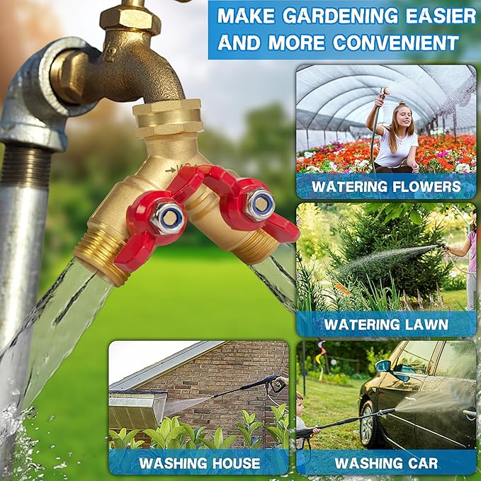 Garden Hose Splitter Full Flow, Brass Y Hose Splitter 2 Way Heavy Duty with Shutoff, Outdoor Water Faucet Splitter Hose Connector, Y Valve 3/4 Inch GHT Thread
