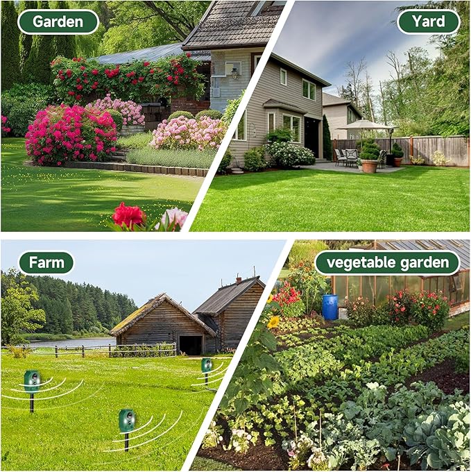 Solar Ultrasonic Animal Repellent Outdoor, Deer Repellent for Yard with RIP Sensor, IP65 Waterproof Squirrels Repeller, Effective Deterrent Cat, Raccoons, Skunks, Rabbits