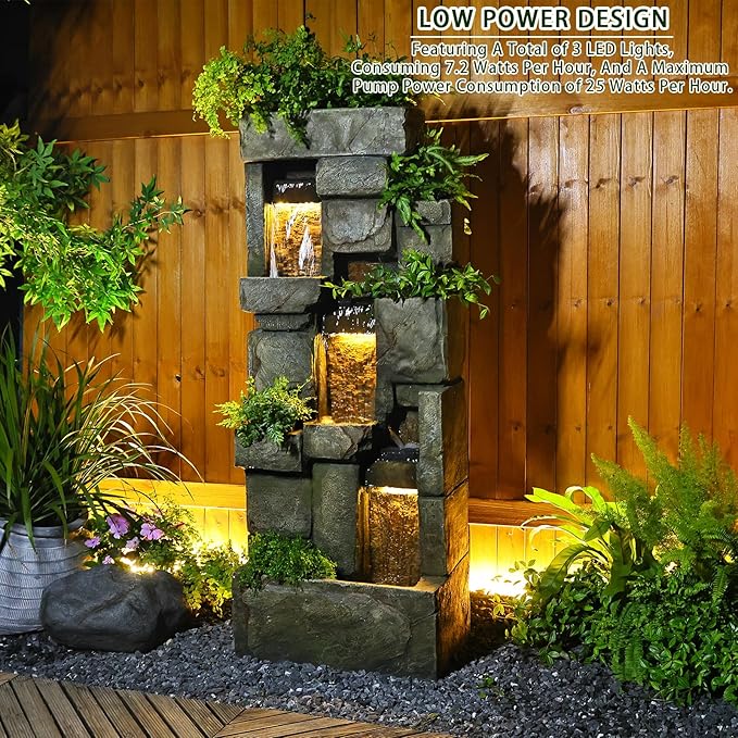 Garden Water Fountains Outdoor Floor Standing, 3 Tier Rock Waterfall Fountain with LED Lights and Pump for Garden, Patio, Backyard, Deck, Porch and Home Art Deco, 56.3" Very Tall