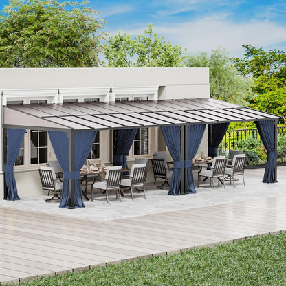 10' x 28' Gazebo，Hard Top Lean to Gazebo Wall Mount Heavy Hardtop Gazebos Outdoor Pergola with Curtains and Netting for Patio Garden Lawn Backyard Deck (Navy)