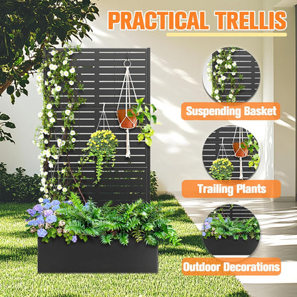 Metal Planter Box with Trellis, Raised Garder Bed with Drainage Hole, Privacy Screen & Trellis for Climbing Plants, Outdoor Plant Stands, 35''L×16''W×71''H, Black
