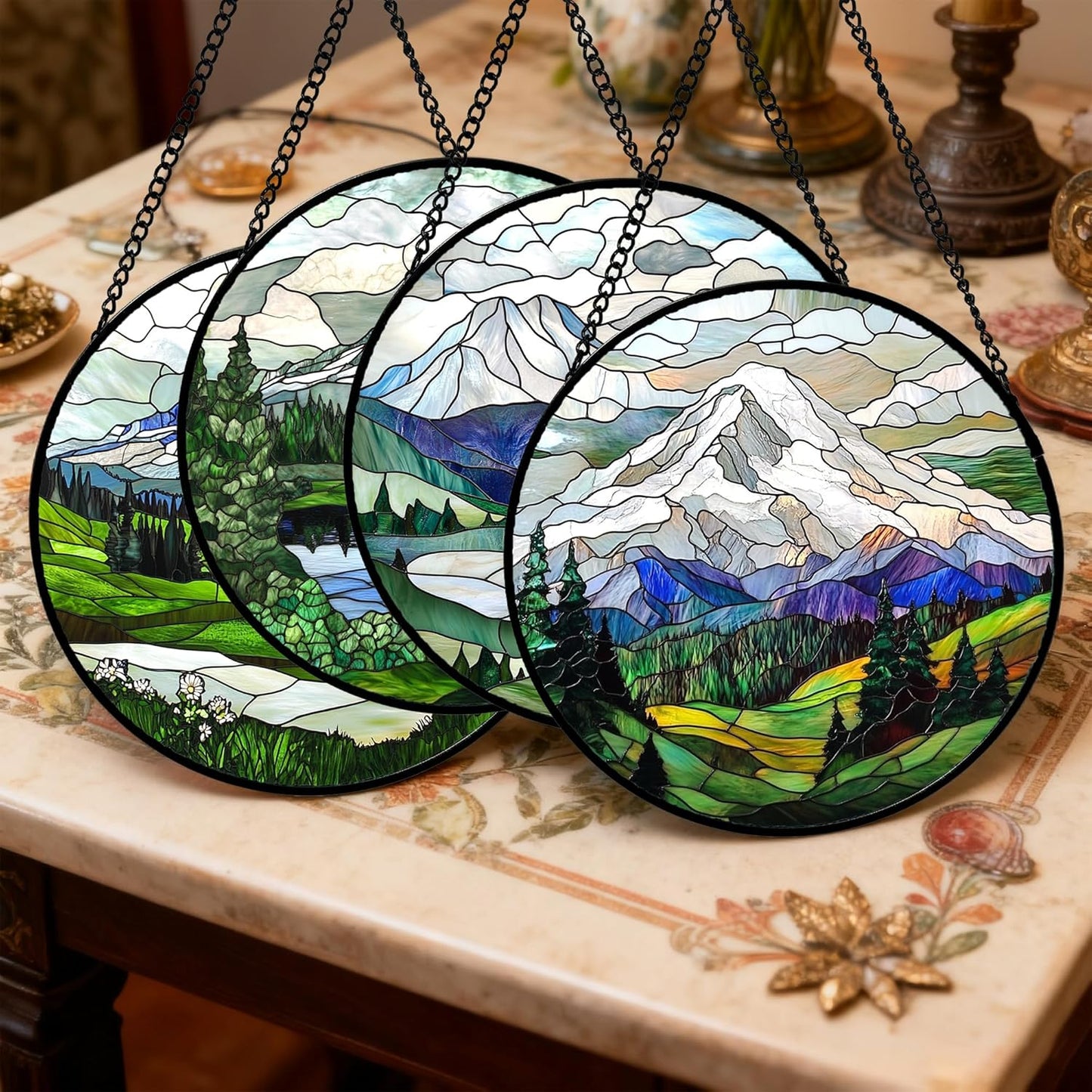 Stained Glass Window Hanging 4 Pcs Set Mountains Lake Green White Landscape Large 15" - Suncatcher Door Garden Sun Catcher Decor Birthday Christmas for Mom Woman Nana Men