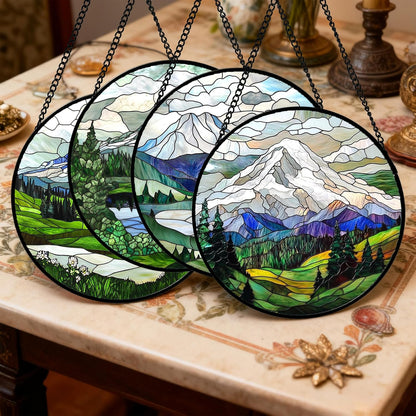 Stained Glass Window Hanging 4 Pcs Set Mountains Lake Green White Landscape Large 11.8" - Suncatcher Door Garden Sun Catcher Decor Birthday Christmas for Mom Woman Nana Men