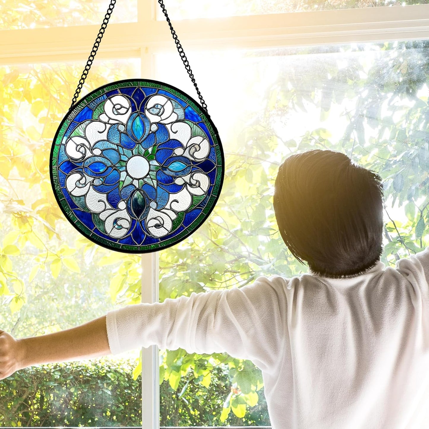 Stained Glass Window Hanging, Boho Style Sun Catchers Diamond Glass Panel Hangings Tiffany Suncatcher Decor for Birthday for Women, Men, Wife, Aunt, and Mom 7.8 in