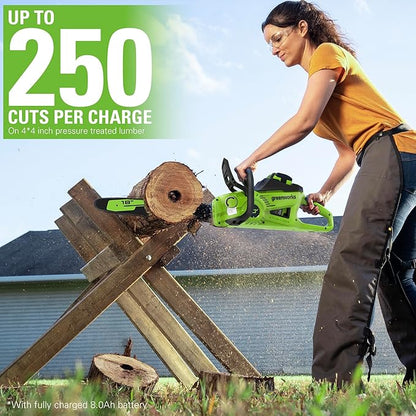 Greenworks 40V 18" Brushless Cordless Chainsaw (Great For Tree Felling, Limbing, Pruning, and Firewood), 8.0Ah Battery and Rapid Charger Included