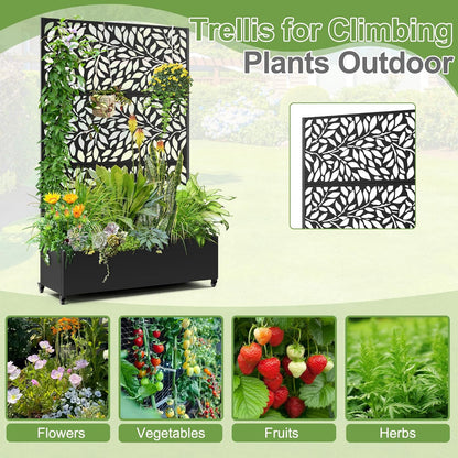 Raised Garden Bed with Trellis and Wheels,73"x47"x16" Metal Raised Garden Bed,Black Flowing Leaf-2 Metal Planter with Climbing Trellis for Vines & Vegetables