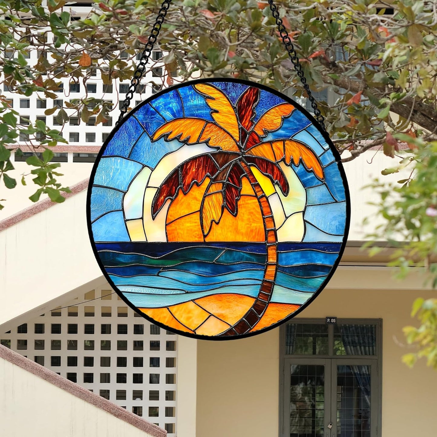 Stained Glass Window Hanging 4 Pcs Set Blue Orange Ocean Beach Theme Large 15" - Suncatcher Door Garden Sun Catcher Decor Birthday Christmas for Mom Woman Nana Men Wife
