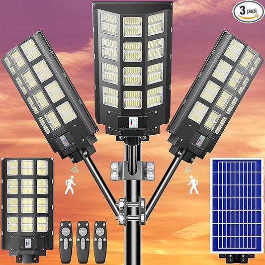 3-Pack Solar Parking Lot Light - 8000W Solar Street Light 360000LM Dusk to Dawn Street Lights Solar Powered, IP67 Waterproof Solar Wide Angle Lamp with Motion Sensor for Yard, Road