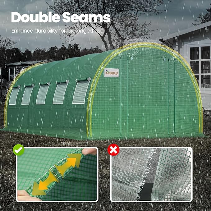 KING BIRD Premium 25x10x6.6FT Greenhouse for Outdoors, Large Walk-in Upgraded Galvanized Metal Frame, Mesh Door Screen Window Improved Zipper Tunnel Hoop for Garden Plant Winter, 2 Stiffeners, Green