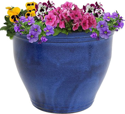 Sunnydaze Large Ceramic Plant Pot - Round Outdoor Glazed Ceramic Planter Pot with Drainage - Studio - Imperial Blue - 18.5"