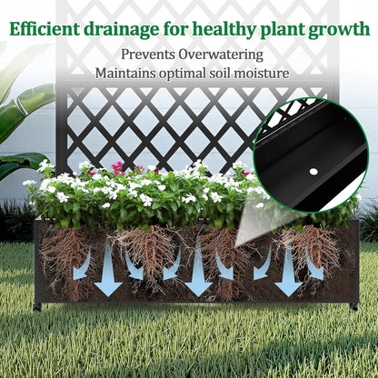 Metal Raised Garden Bed with Trellis and Wheels, 2 in 1 Trellis with Planter Box & Privacy Screen for Climbing Plants, Outdoor Standing Flower Beds with Drainage Holes, 35.4"L x 15.7"W x 70.9"H, Black