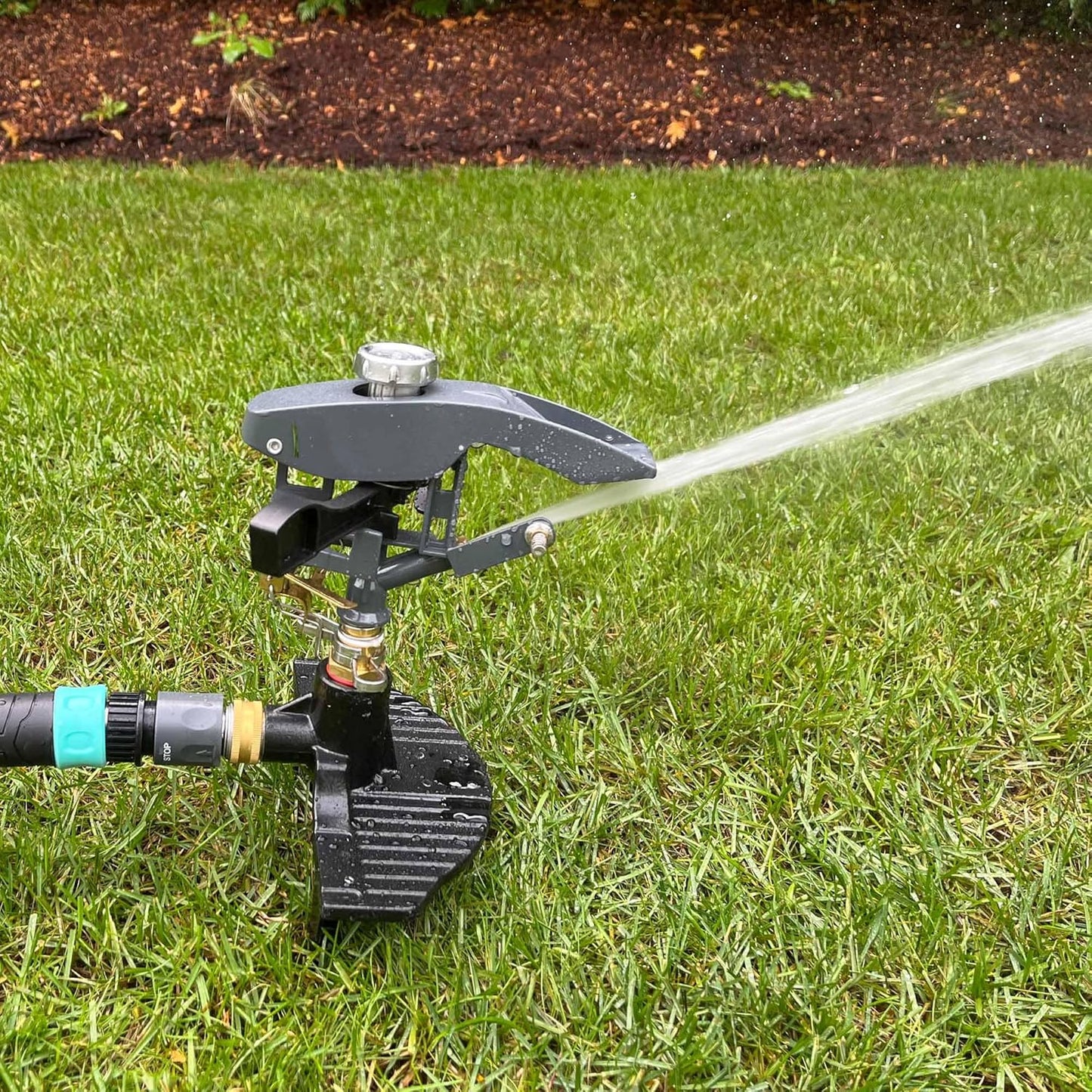 Lawn Pulsating Impact Sprinkler 300004, Heavy Duty, Adjustable to 360 Degrees on 3-Prong Metal Step Spike by New England Garden Tools