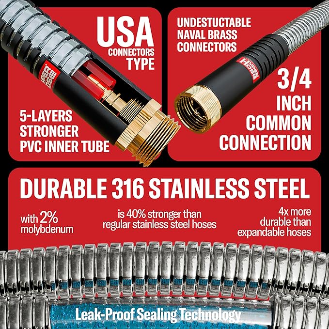 Best 150 ft Metal Garden Hose Set - No-Kink Durable 316 Stainless Steel, 10-Way Zync Spray Nozzle & Hook – Tough Flexible Heavy Duty Water Hoses, Naval Brass, Rust, Weather, LeakProof