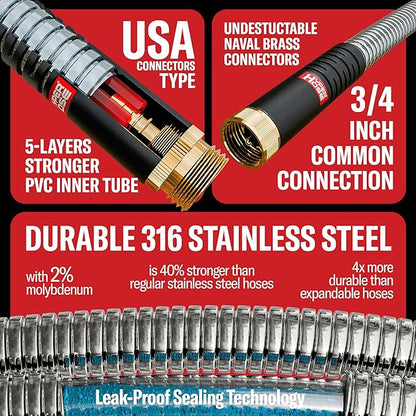 Best 150 ft Metal Garden Hose Set - No-Kink Durable 316 Stainless Steel, 10-Way Zync Spray Nozzle & Hook – Tough Flexible Heavy Duty Water Hoses, Naval Brass, Rust, Weather, LeakProof