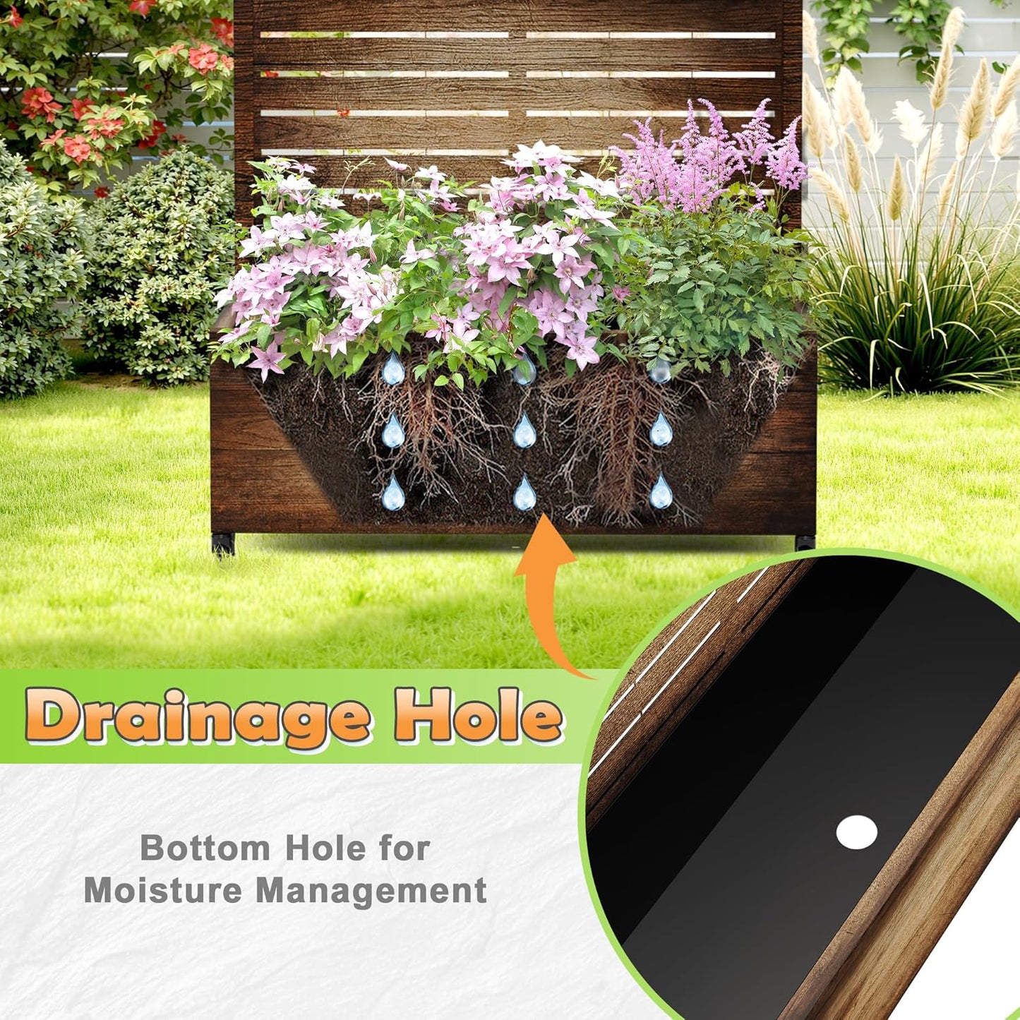 Metal Raised Garden Bed with Trellis, 2-in-1 Planter Box & Privacy Screen for Climbing Plants, Outdoor Standing Flower Bed with Drainage Holes, 35.4" L x 15.7" W x 70.1" H, Vintage Wood Grain