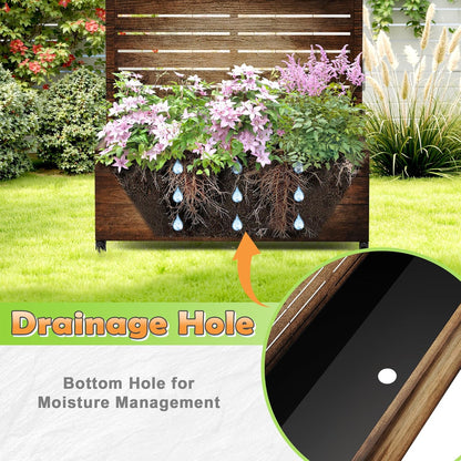 Metal Raised Garden Bed with Trellis, 2-in-1 Planter Box & Privacy Screen for Climbing Plants, Outdoor Standing Flower Bed with Drainage Holes, 35.4" L x 15.7" W x 70.1" H, Vintage Wood Grain