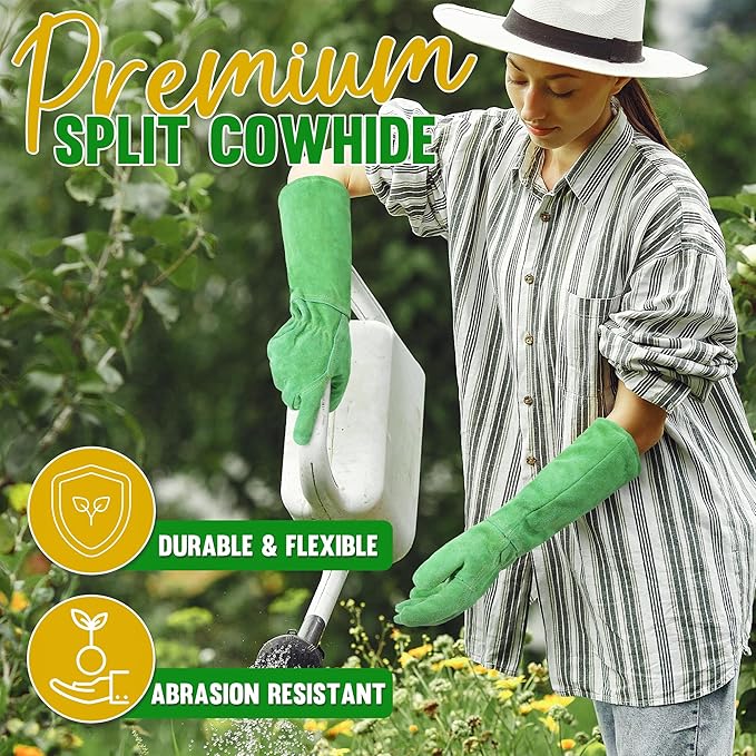 HANDLANDY Leather Gardening Gloves, Thorn Proof Long Gauntlet Heavy Duty Garden Gloves, Elbow Length Rose Pruning Weeding Yard Glove (X-Large, Green)