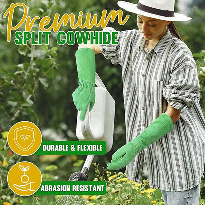 HANDLANDY Leather Gardening Gloves, Thorn Proof Long Gauntlet Heavy Duty Garden Gloves, Elbow Length Rose Pruning Weeding Yard Glove (X-Large, Green)