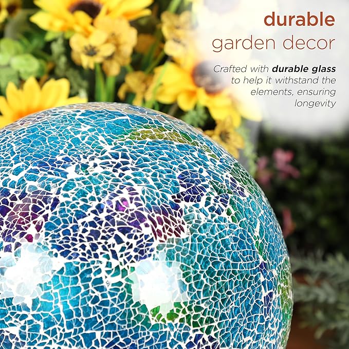 Alpine Corporation - Shades of Blue Crackle Glass Gazing Ball, Colorful Garden Décor for Patio & Yard, 12" Tall (Multicolor)