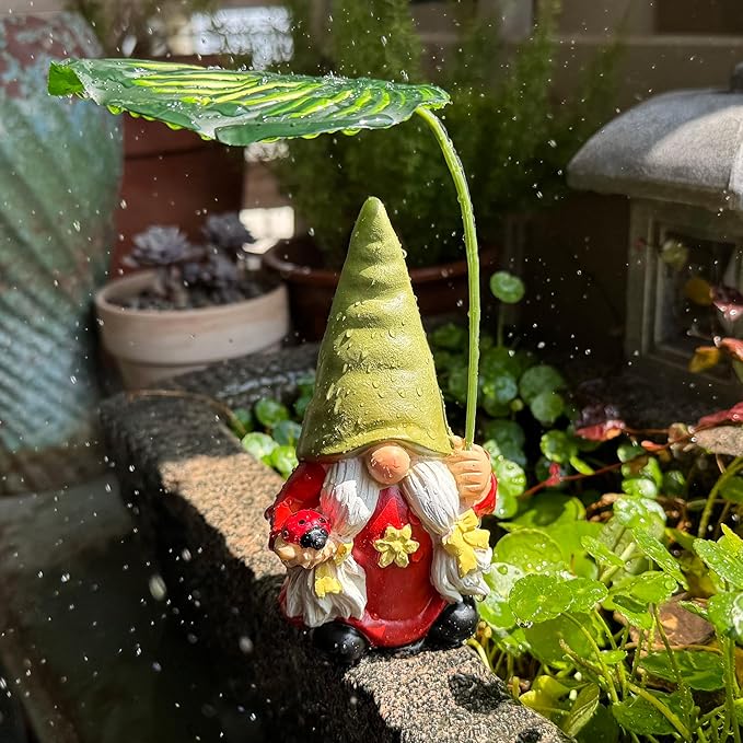 Garden Female Gnome Statue Decoration with Leaf Umbrella, 6.5” Figurine Ornament for Indoor Outdoor Home Patio Yard Lawn, for Gnome Lovers & Garden Enthusiasts，Mom，Women