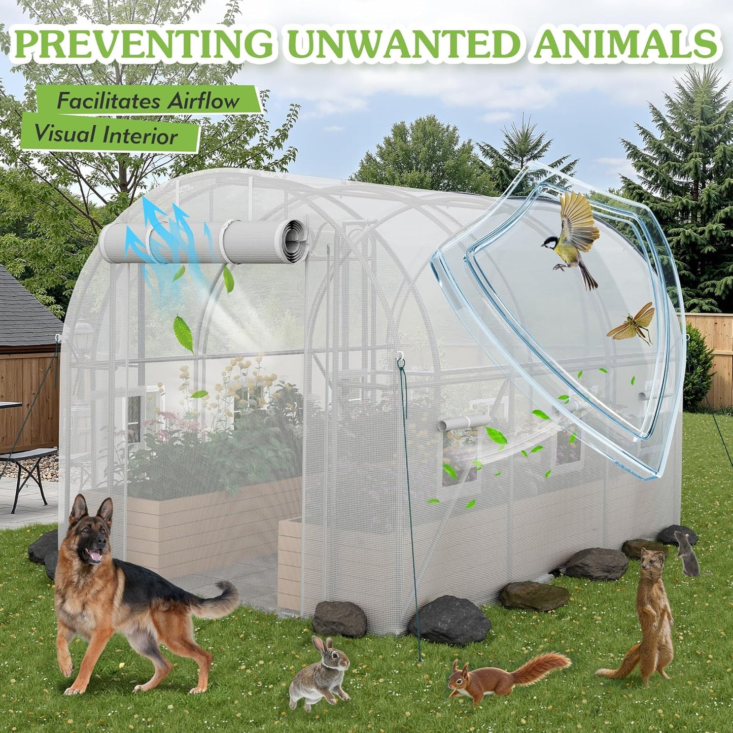 Greesum Walk-in Greenhouse for Outside Heavy Duty, Green House with Zippered Screen Doors & 6 Screen Windows for Winter, Ideal for Plant Protection and Growth, White