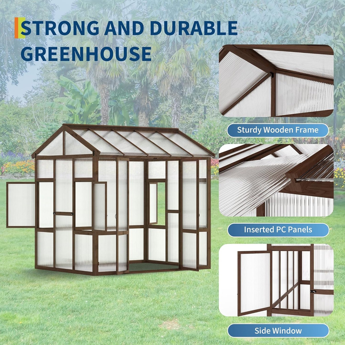 6x8 ft Wooden Greenhouse for Outdoor - Heavy Duty Walk-in Green House Kit with 6 mm Polycarbonate,Ventilated Window & Lockable Door for Backyard,Patio,Lawn