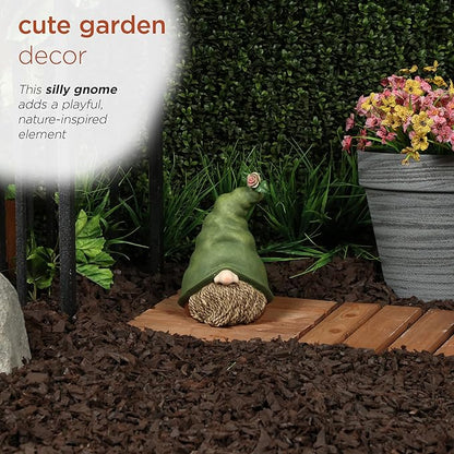 Alpine Corporation QWR1440 Outdoor Gnome Head with Rope Beard and Flower on Green Hat Garden Statue, 10" Tall