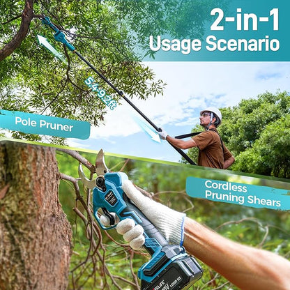 GEVEELIFE 2-in-1 Electric Pruning Shears Cordless, 1.6" Cutting Diameter, Electric Tree Pruner with 12.8Ft Reach Extension Pole, 2×4.0Ah Battery Powered Pole Pruner for Tree Trimming