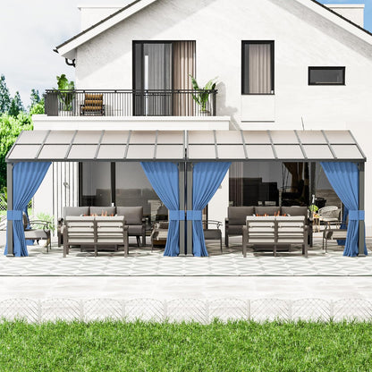 10' x 24' Gazebo，Hard Top Lean to Gazebo Wall Mount Heavy Hardtop Gazebos Outdoor Pergola with Curtains and Netting for Patio Garden Lawn Backyard Deck (Navy)