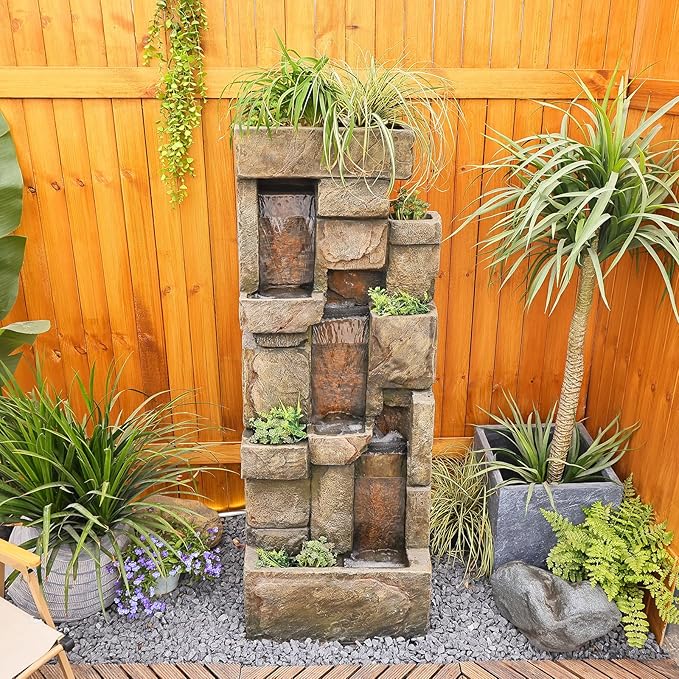 Garden Water Fountains Outdoor Floor Standing, 3 Tier Rock Waterfall Fountain with LED Lights and Pump for Garden, Patio, Backyard, Deck, Porch and Home Art Deco, 56.3" Very Tall