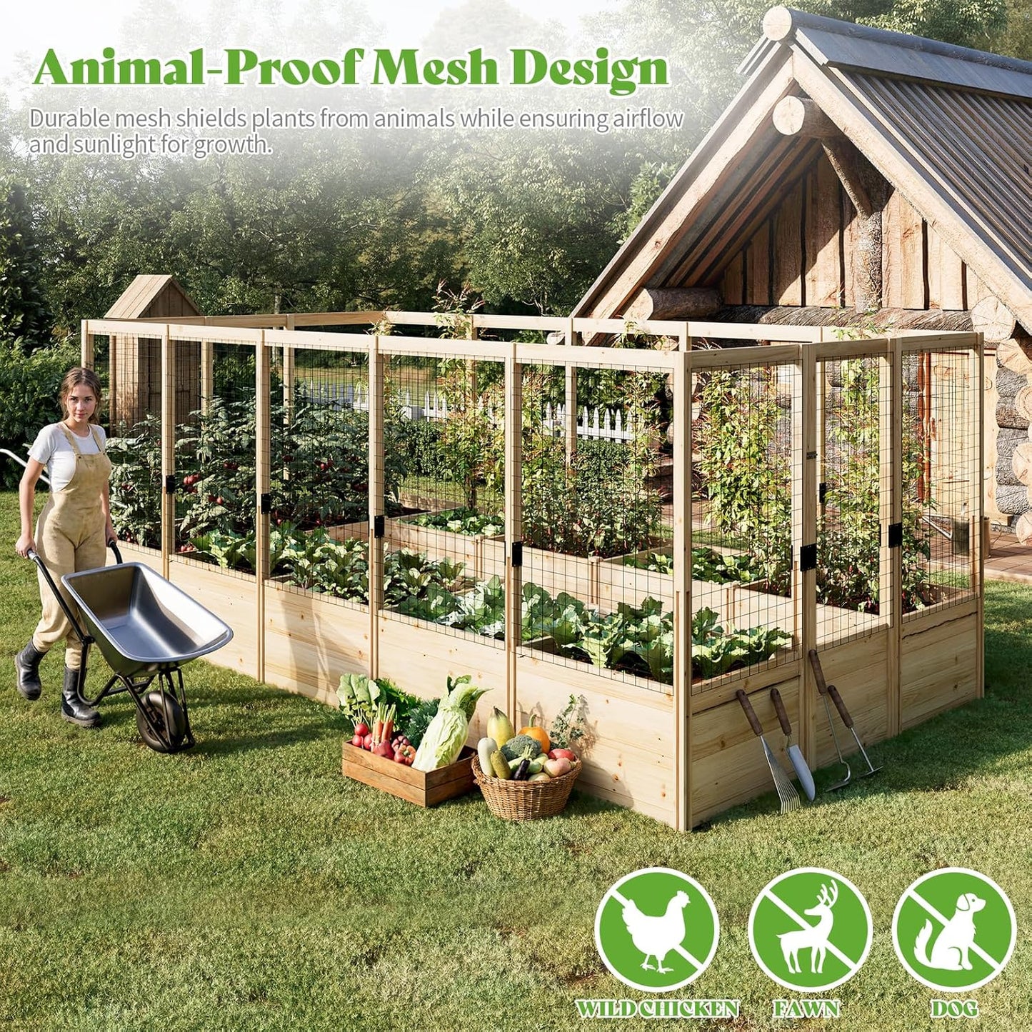 PaPaJet Wooden Raised Garden Bed for Outdoor, Eleven Grid Deep Large Planter Box with Netting for Gardening, Vegetables, Flowers, Herbs（7.5× 14.8× 5.9FT）