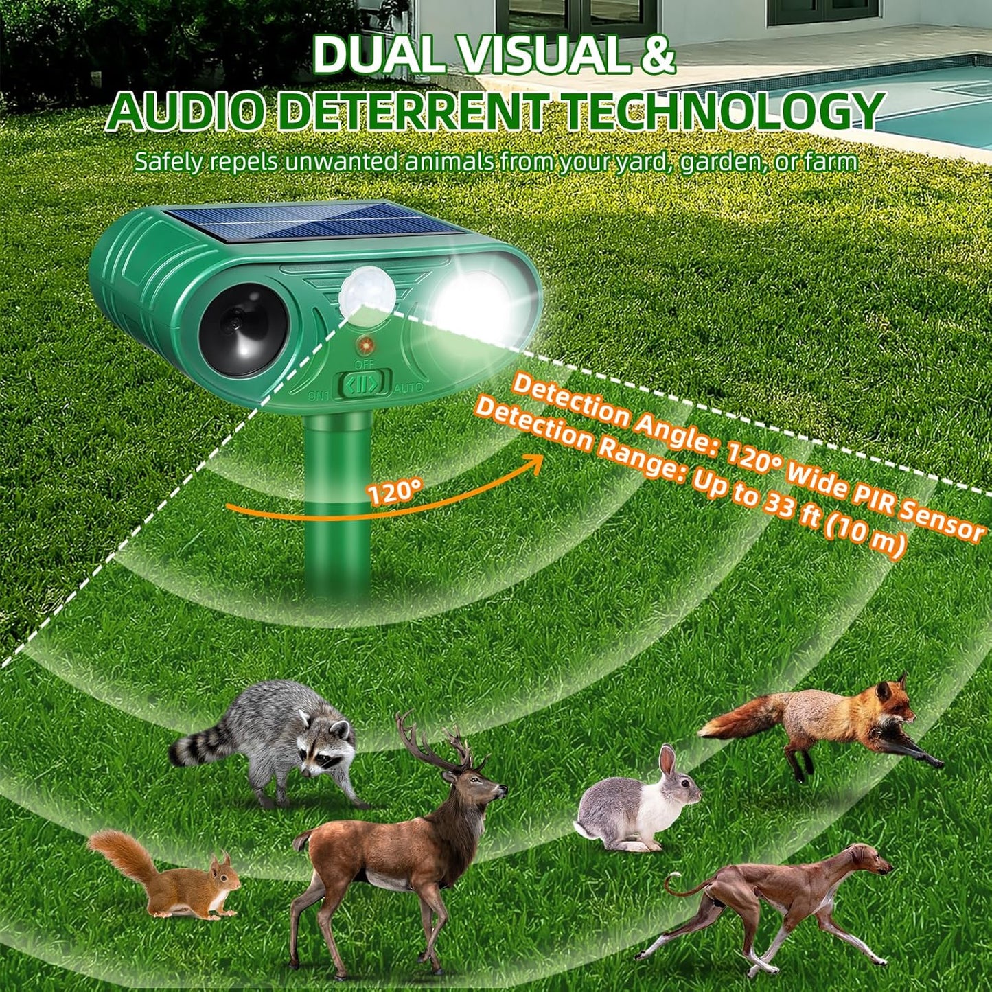 Solar Ultrasonic Animal Repeller Outdoor with Motion Sensor Deer Repellent Devices for Squirrel Repellent Cat Repellent Outdoor Fox Deterrent for Yard