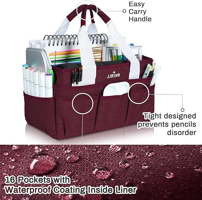 JJRING Craft Organizer Tote Bag, Art Storage Caddy with Multiple Pockets, Dark Red Sewing Bag for Art, Craft, Scrapbooking, School, Medical, and Office